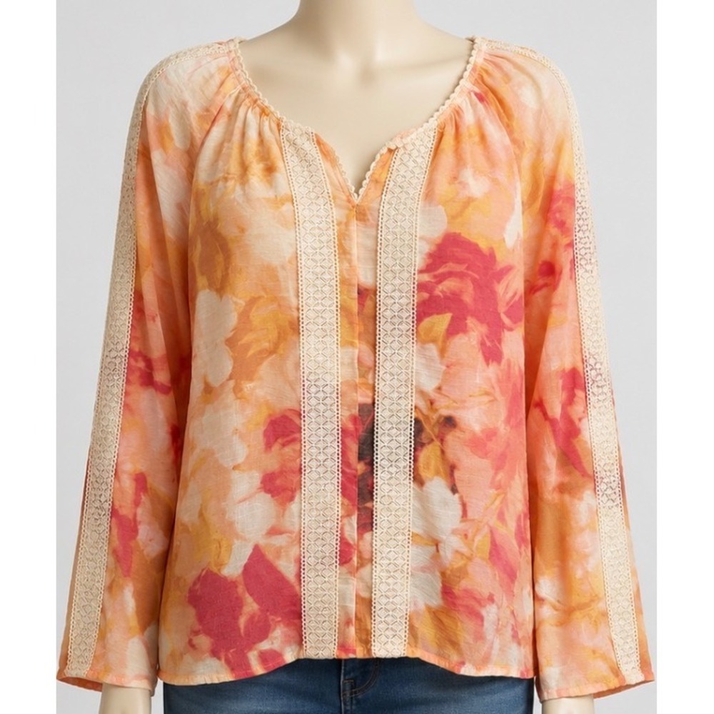 Adrienne Vittadini Floral Crochet Lace Trim Peasant Blouse Orange Pink XL